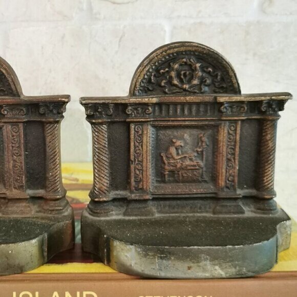Woman Sewing Cast Iron Bookends HEAVY Greek Columns Ornate Decor Book Shelf Pair - Picture 5 of 9